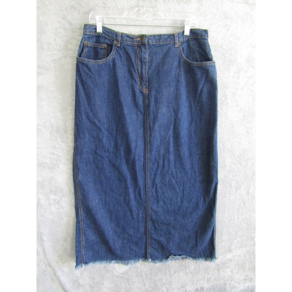 Rafaella Sport Womens Blue Denim Midi Skirt Size 16 Raw Hem Back Slit Cotton